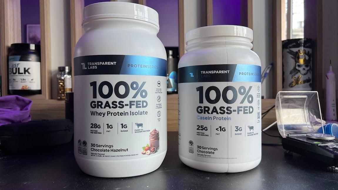 Owner-supplied photograph with the Transparent Labs Casein tub on the right
