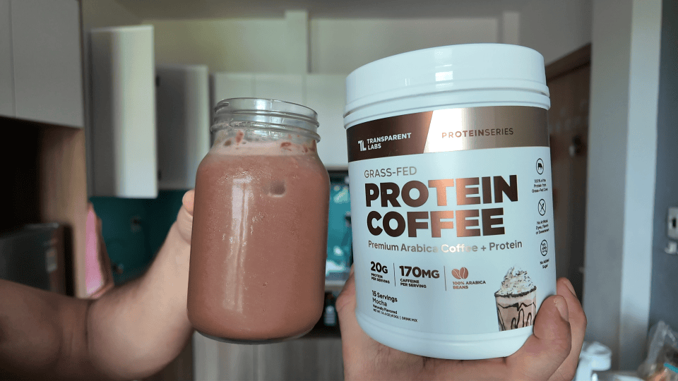 mocha protein coffee mixed in water with bottle