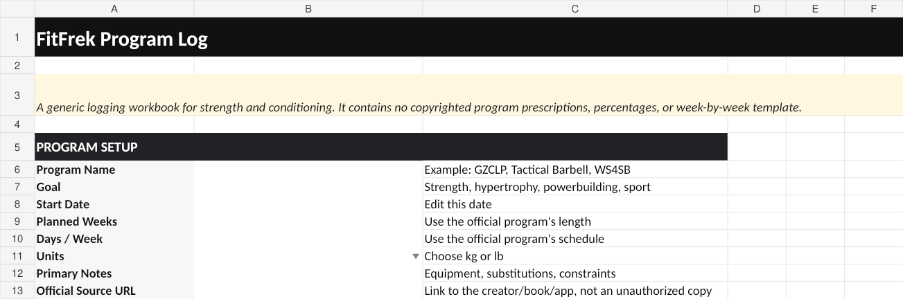 Preview of the FitFrek Program Log setup sheet