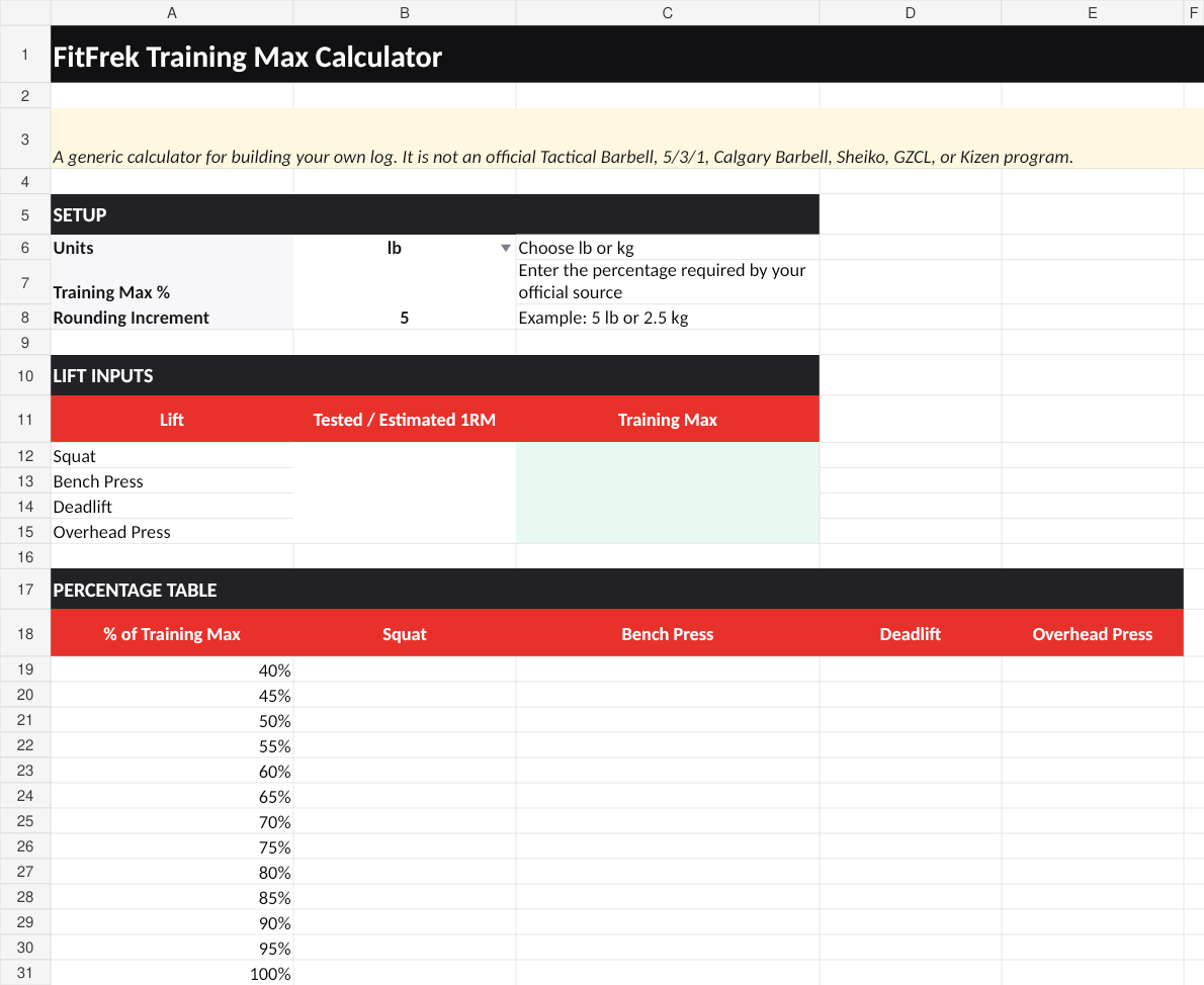Preview of the FitFrek Training-Max Calculator workbook